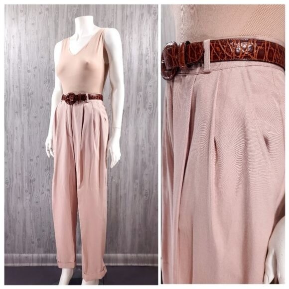 Pants - Vintage Academia High Waist Pants Pale Pink 80s 90s Career Classy Pastel